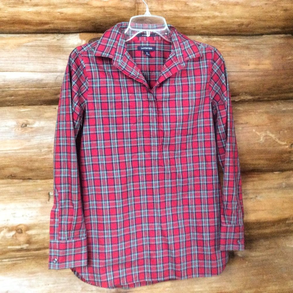 Lands' End Tartan Red Plaid Long Sleeve No Iron Classic Popover Blouse Size 6